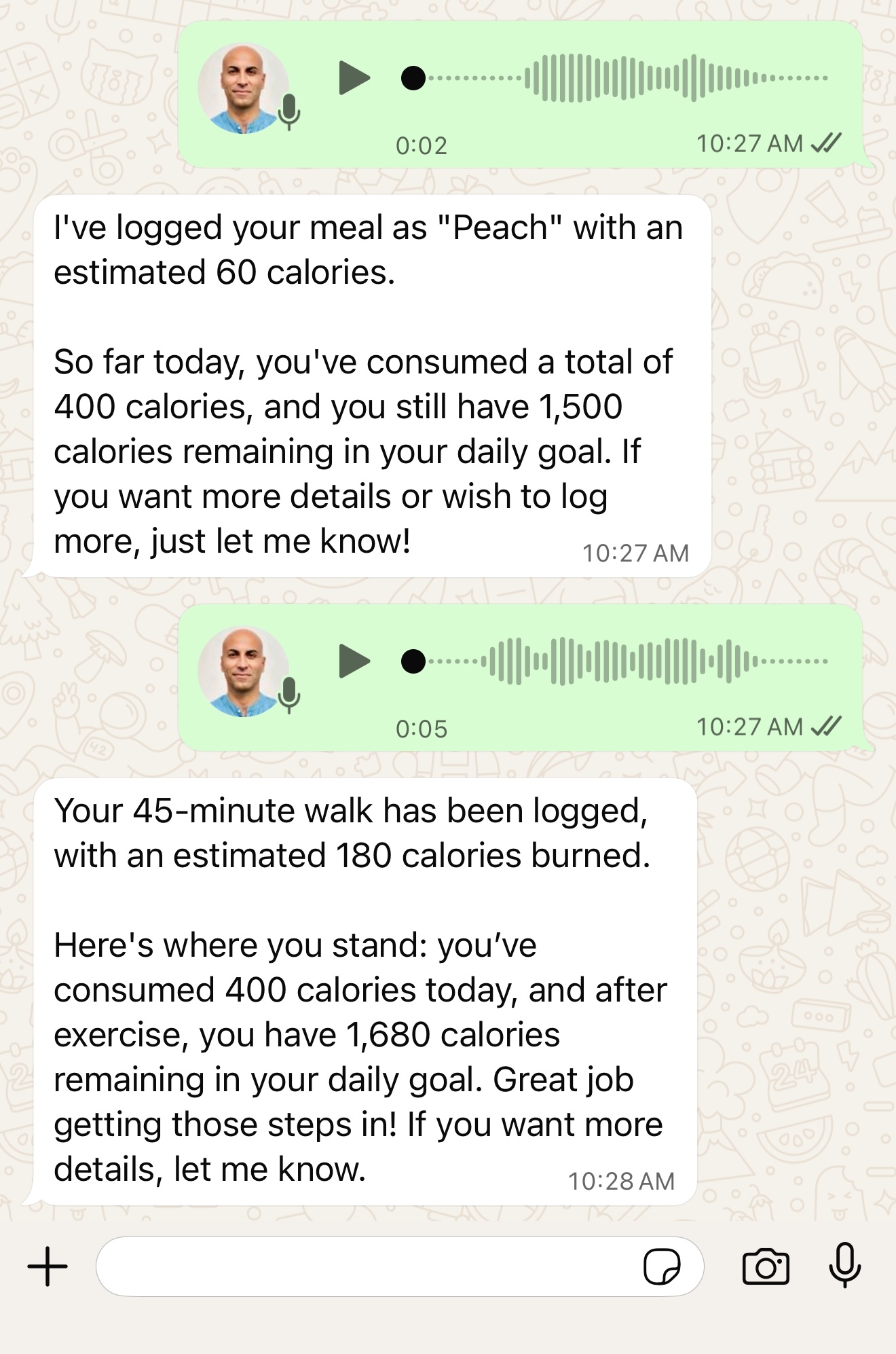 WhatsApp voice message showing audio input for meal tracking