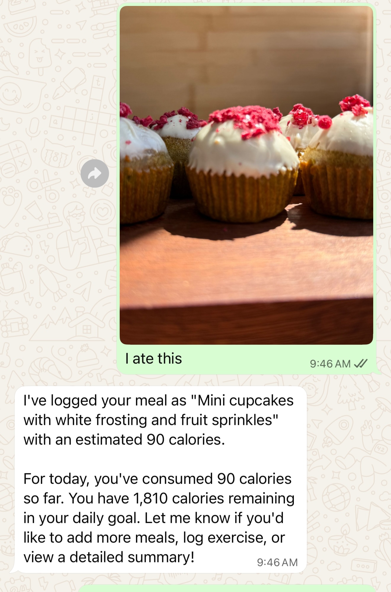WhatsApp photo showing image input for meal tracking with cupcakes