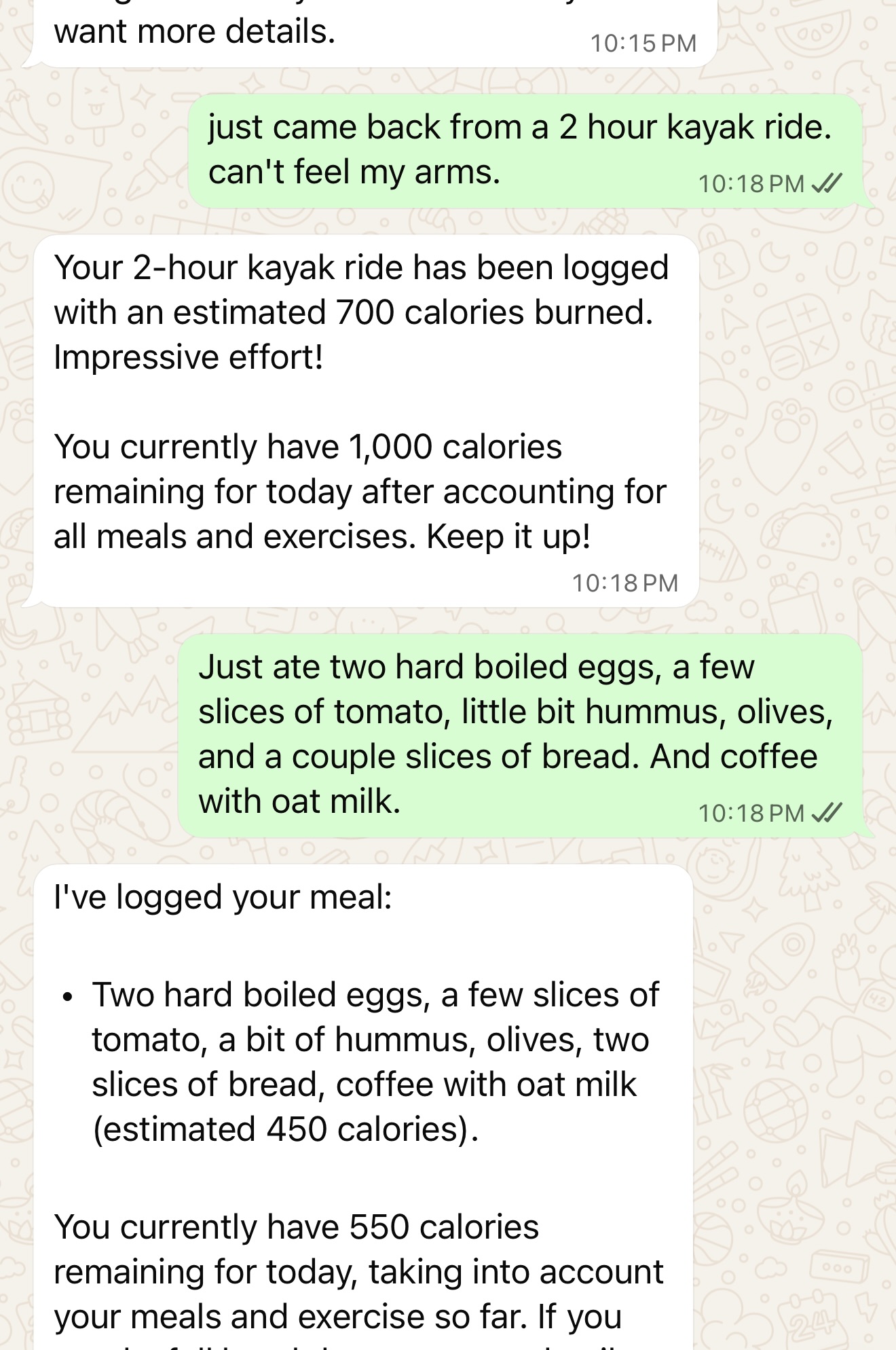 WhatsApp conversation with Gull showing exercise and meal tracking